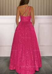 Bridesmaids Dresses Chiffon, A-line One-Shoulder Sleeveless Sweep Train Sequined Prom Dress with Pockets