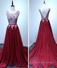 Long Dress, A Line Open Back Lace Burgundy Prom Dresses, Burgundy Formal Dresses