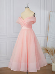 Party Dress Large Size, A-line Organza Off-the-Shoulder Pleated Tea-Length Dress