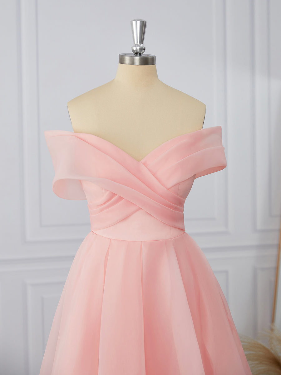 Party Dress Bridal, A-line Organza Off-the-Shoulder Pleated Tea-Length Dress