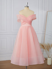 Party Dresses Summer Dresses, A-line Organza Off-the-Shoulder Pleated Tea-Length Dress