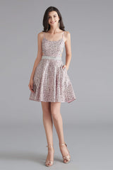 Party Dress Teens, A-Line Pink Leopard Sequins Spaghetti Straps Cross Back Homecoming Dresses
