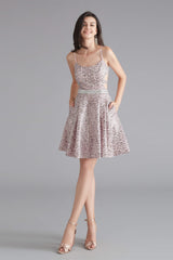 Party Dresses Maxi, A-Line Pink Leopard Sequins Spaghetti Straps Cross Back Homecoming Dresses
