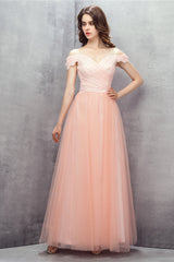 Party Dress For Over 69, A-line Pink Off Shoulder Lace Prom Dresses