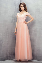 Party Outfit, A-line Pink Off Shoulder Lace Prom Dresses