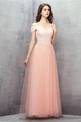 Party Dress For Girl, A-line Pink Off Shoulder Lace Prom Dresses