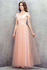 Party Dresses For Girl, A-line Pink Off Shoulder Lace Prom Dresses