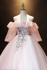 Prom Dresses Shiny, A-Line Pink Spaghetti Straps Long Prom Dress, Pink Lace Formal Evening Dress