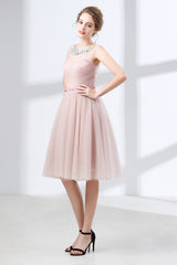Prom Dresses Princess Style, A-Line Pink Tulle Lace Pleats Knee Length Homecoming Dresses