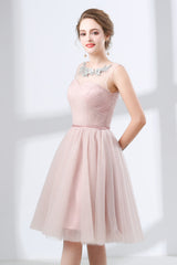 Prom Dress Princess Style, A-Line Pink Tulle Lace Pleats Knee Length Homecoming Dresses