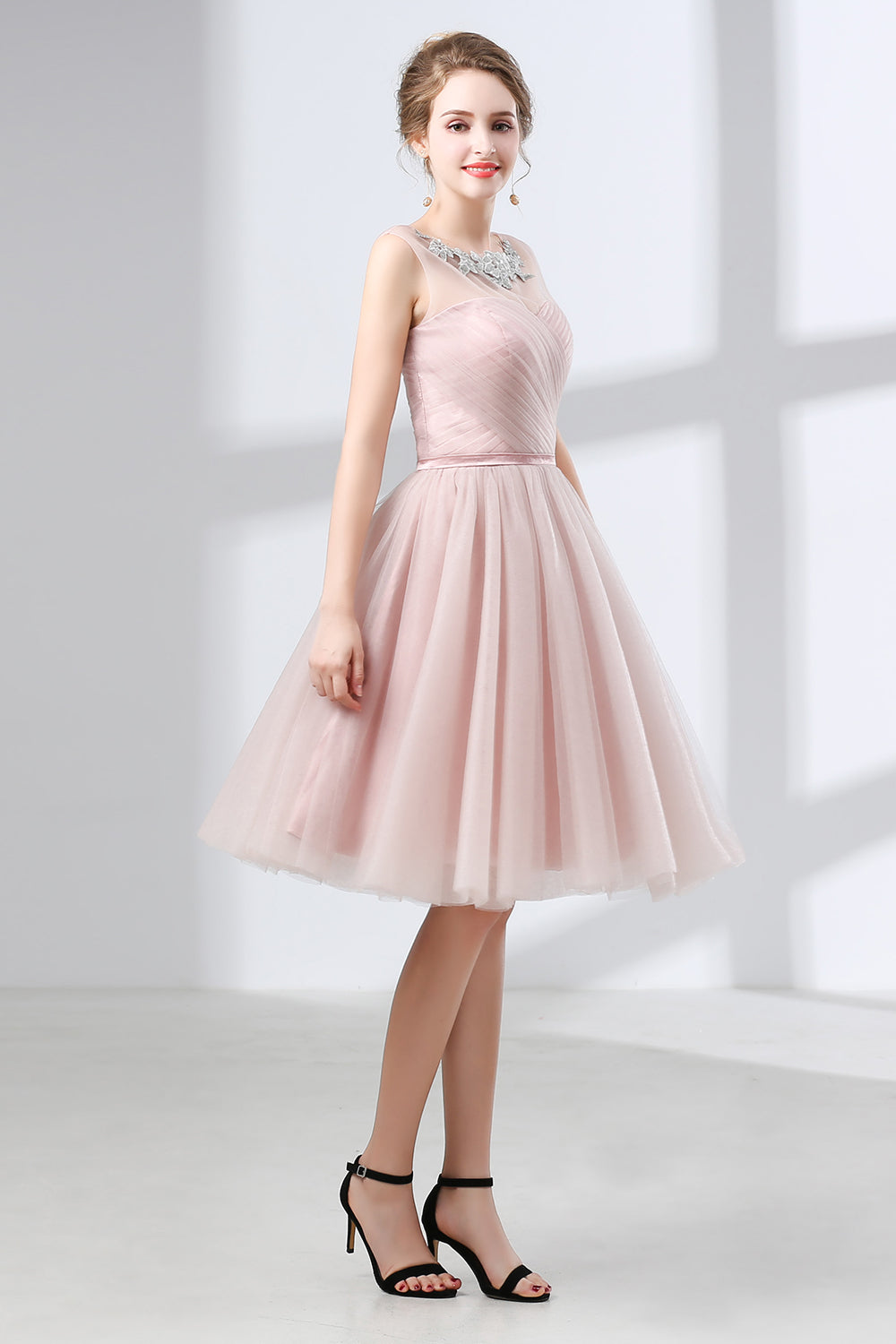 Prom Dresses With Sleeve, A-Line Pink Tulle Lace Pleats Knee Length Homecoming Dresses