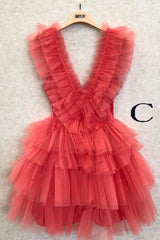 Evening Dresses Unique, A Line Pink V Neck Tiered Homecoming Dress,Tulle Short Prom Party Dresses