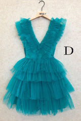 Evening Dresses Gowns, A Line Pink V Neck Tiered Homecoming Dress,Tulle Short Prom Party Dresses