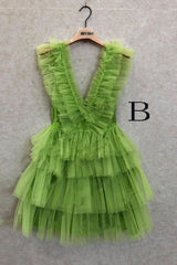 Evening Dresses Wholesale, A Line Pink V Neck Tiered Homecoming Dress,Tulle Short Prom Party Dresses
