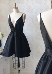 Bodycon Dress, A-line Plunge V Back Black Taffeta Short Mini Homecoming Dress