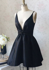 Backless Dress, A-line Plunge V Back Black Taffeta Short Mini Homecoming Dress