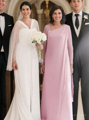 Homecoming Dress With Sleeves, A-Line/Princess Bateau Floor-Length Chiffon Mother of the Bride Dresses