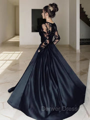 Prom Dresses 2030, A-Line/Princess Bateau Sweep Train Satin Evening Dresses With Pockets