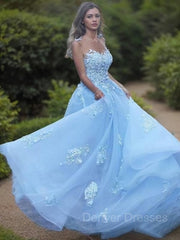 Bridesmaid Dress Satin, A-Line/Princess Bateau Sweep Train Tulle Prom Dresses With Appliques Lace