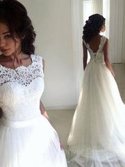 Wedding Dresses Shapes, A-Line/Princess Bateau Sweep Train Tulle Wedding Dresses With Belt/Sash