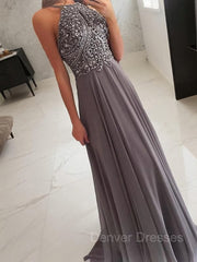 Prom Dresse 2034, A-Line/Princess Halter Floor-Length Chiffon Prom Dresses With Beading