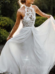 Wedding Dress Online, A-Line/Princess Halter Floor-Length Chiffon Wedding Dresses With Lace