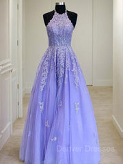 Evening Dress Dresses, A-Line/Princess Halter Floor-Length Tulle Evening Dresses With Appliques Lace