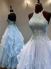 Formal Dresses Long Sleeved, A-Line/Princess Halter Floor-Length Tulle Prom Dresses With Appliques Lace