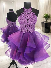 Party Dress For Ladies, A-Line/Princess Halter Short/Mini Tulle Homecoming Dresses