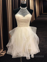 Evening Dress With Sleeve, A-Line/Princess Halter Short/Mini Organza Homecoming Dresses With Beading