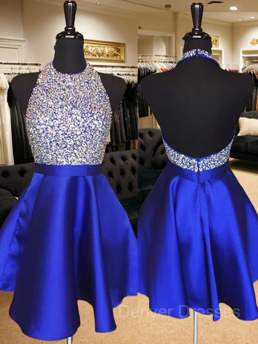 Evening Dresses 16, A-Line/Princess Halter Short/Mini Satin Homecoming Dresses With Beading