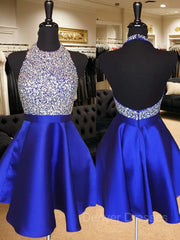 Evening Dresses 16, A-Line/Princess Halter Short/Mini Satin Homecoming Dresses With Beading
