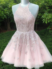 Prom Dress Long Formal Evening Gown, A-Line/Princess Halter Short/Mini Tulle Homecoming Dresses With Appliques Lace