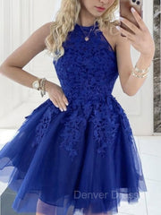 Evening Dresses Lace, A-Line/Princess Halter Short/Mini Tulle Homecoming Dresses With Appliques Lace