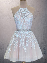 Party Dress Codes, A-Line/Princess Halter Short/Mini Tulle Homecoming Dresses With Appliques Lace