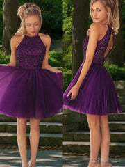 Party Dress Shiny, A-Line/Princess Halter Short/Mini Tulle Homecoming Dresses With Beading