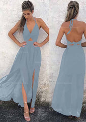 Party Dresses Jumpsuits, A-line/Princess Halter Sleeveless Ankle-Length Chiffon Prom Dress With Split