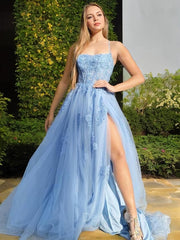 Formal Dress Shops Near Me, A-Line/Princess Halter Sweep Train Tulle Prom Dresses With Leg Slit
