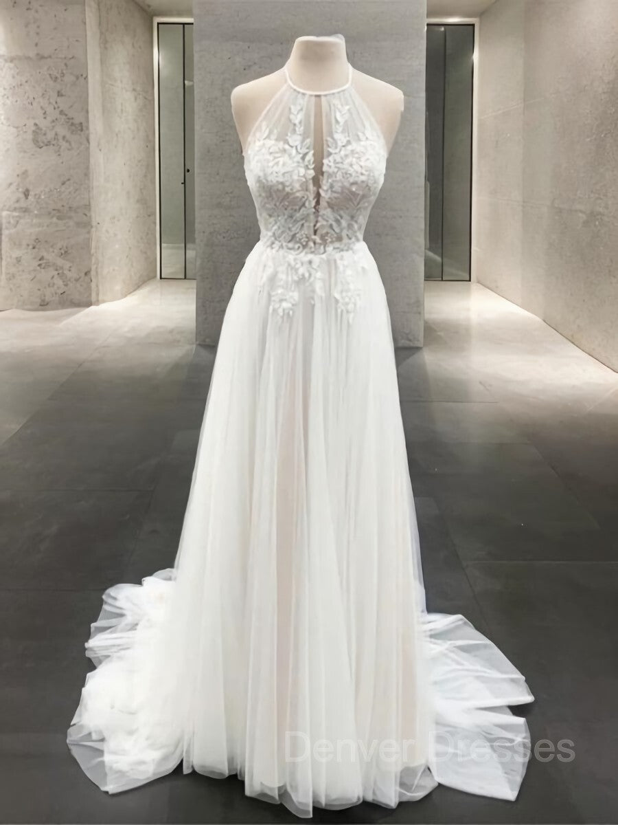 Wedding Dresses Tulle Lace, A-Line/Princess Halter Sweep Train Tulle Wedding Dresses With Appliques Lace