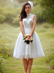 Wedding Dress With Straps, A-Line/Princess High Neck Knee-Length Tulle Wedding Dresses