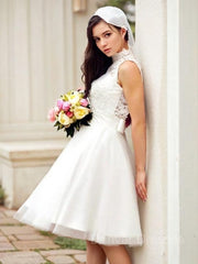 Wedding Dresses For, A-Line/Princess High Neck Knee-Length Tulle Wedding Dresses