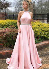 Bridesmaid Dress Champagne, A-line/Princess High-Neck Sleeveless Sweep Train Satin Prom Dress With Waistband Beading