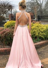 Bridesmaid Dresses Dark, A-line/Princess High-Neck Sleeveless Sweep Train Satin Prom Dress With Waistband Beading