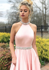 Bridesmaid Dress Dark, A-line/Princess High-Neck Sleeveless Sweep Train Satin Prom Dress With Waistband Beading