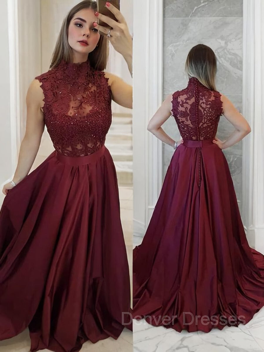 Party Dresses Online, A-Line/Princess High Neck Sweep Train Satin Prom Dresses With Appliques Lace