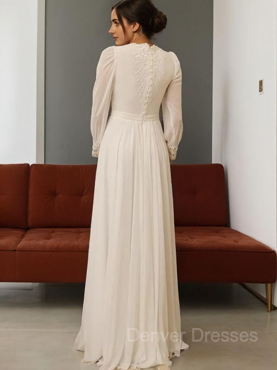 Wedding Dresses Tulle Lace, A-Line/Princess Jewel Floor-Length Chiffon Wedding Dresses