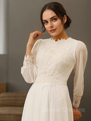 Wedding Dress Sleeves Lace, A-Line/Princess Jewel Floor-Length Chiffon Wedding Dresses