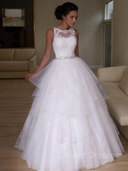 Wed Dresses Vintage, A-Line/Princess Jewel Floor-Length Organza Wedding Dresses With Beading