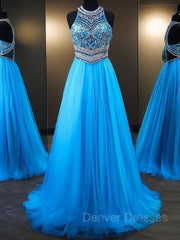 Homecoming Dress Websites, A-Line/Princess Jewel Sweep Train Tulle Evening Dresses With Beading