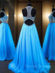 Homecoming Dresses Websites, A-Line/Princess Jewel Sweep Train Tulle Evening Dresses With Beading